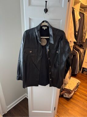 Black Leather Button-Front Jacket